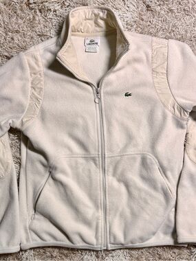 Lacoste Women's Cream Full-Zip Teddy Fleece Jacket with Green Croc
